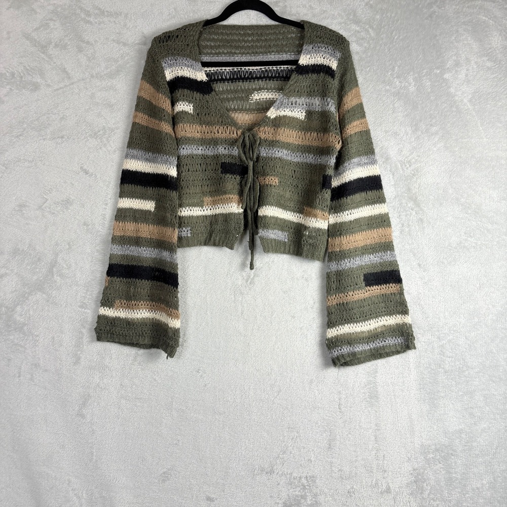 Cider Cardigan Open Knit Tie Front Crop Small Olive Green Flare Wool Mohair